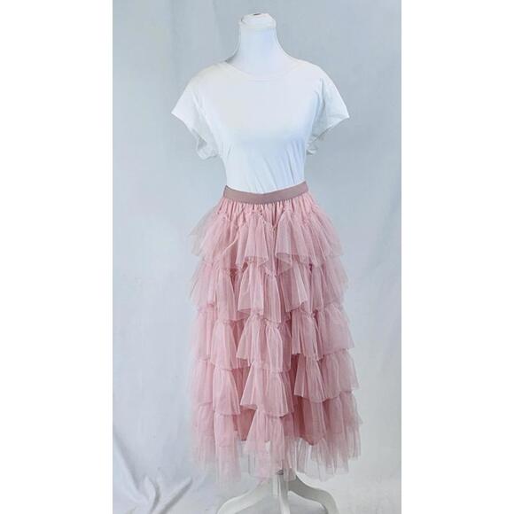 Cupshe Dresses & Skirts - Cupshe Sz M Pink Tiered Tulle Balletcore Skirt Romantic Coquette Fairy Midi